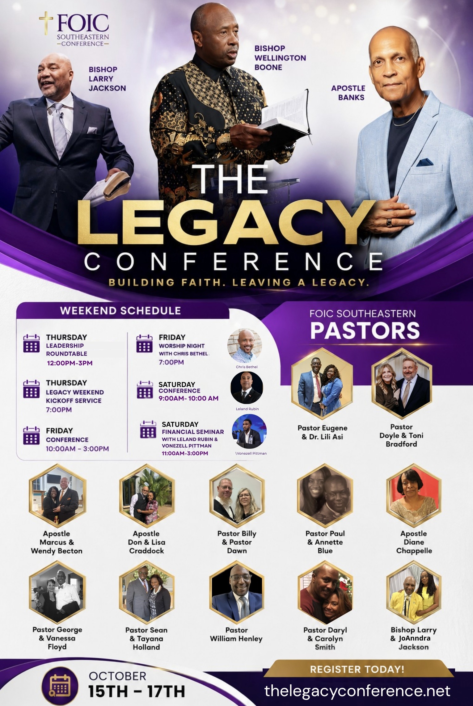 FOIC Southeastern Legacy Conference 2026 promotional flyer featuring keynote speakers Bishop Larry Jackson, Bishop Wellington Boone, and Apostle Banks, with the weekend schedule and list of FOIC Southeastern Pastors